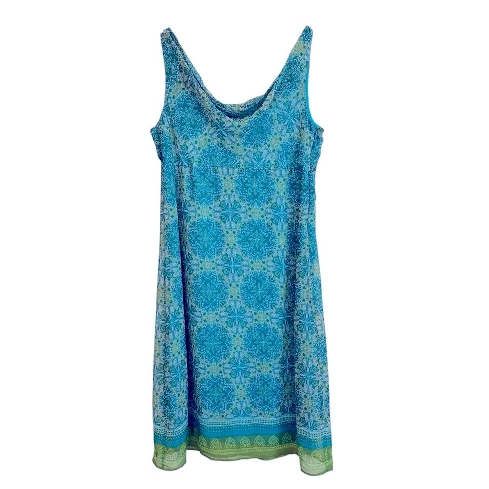 Women's 18 Blue Green Sleeveless Sheath Scoop Neck Flowy PLUS Chiffon Midi Dress
